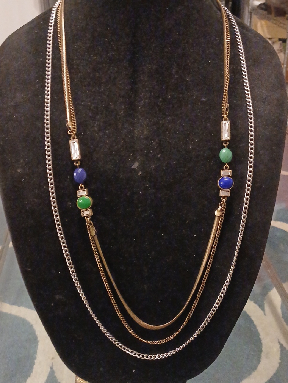 LOFT Gold and Silver Multi-Strand Necklace with Blue and Green Stones